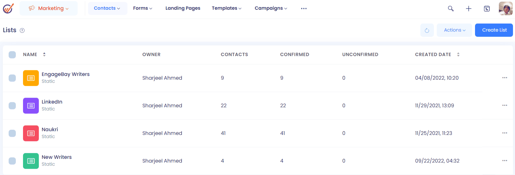 EngageBay dashboard for contacts lists