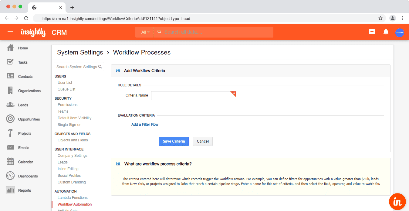 Workflow automation in Insightly