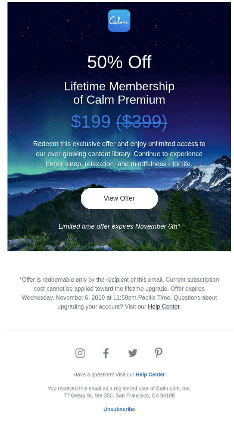 Calm app subscriber-only discount email example for eCommerce