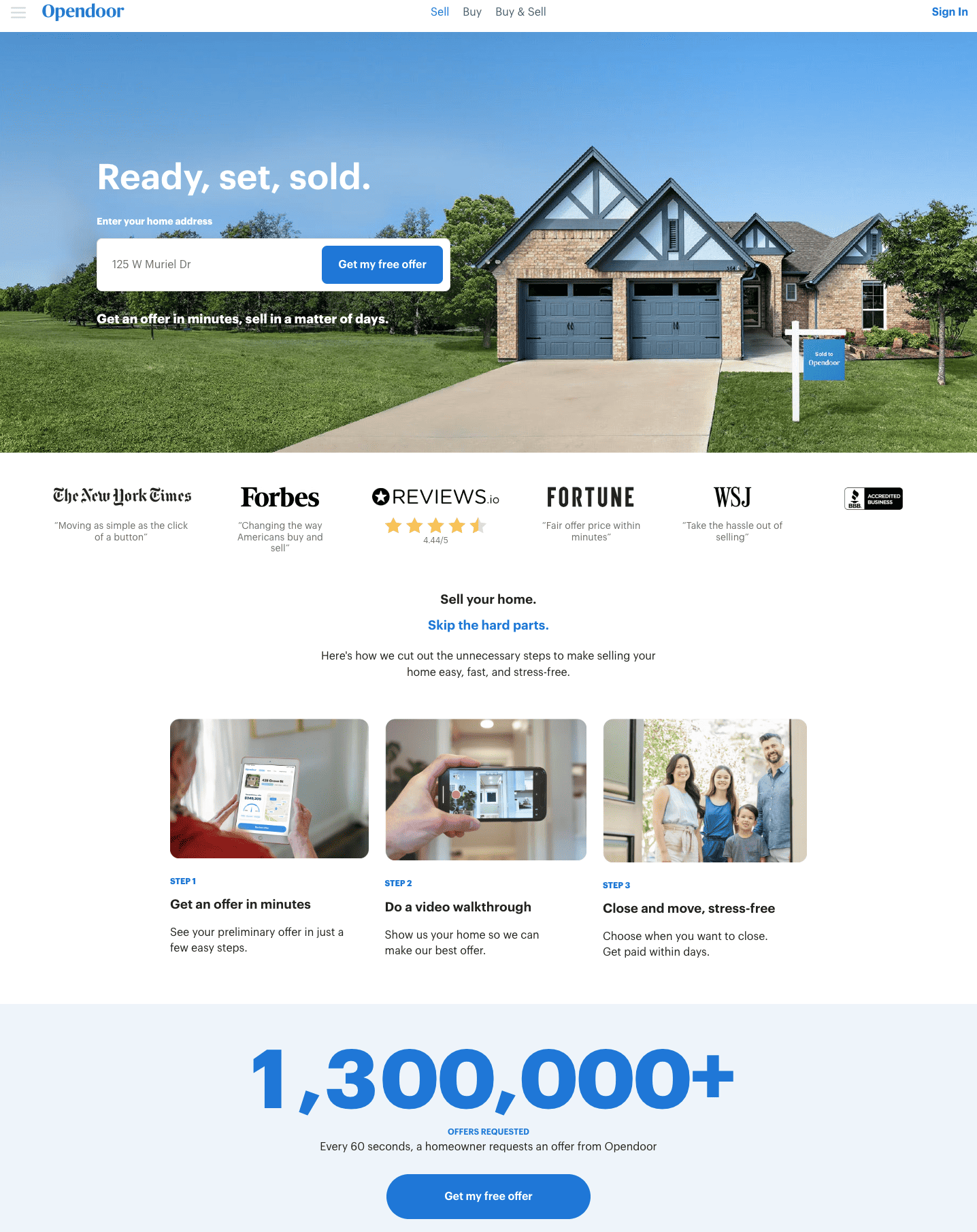 real estate landing page example from Opendoor