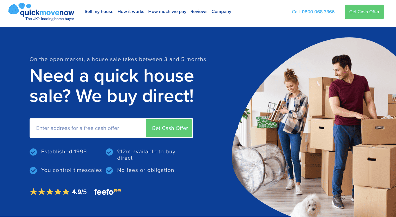 real estate landing page example from Quick Move Now