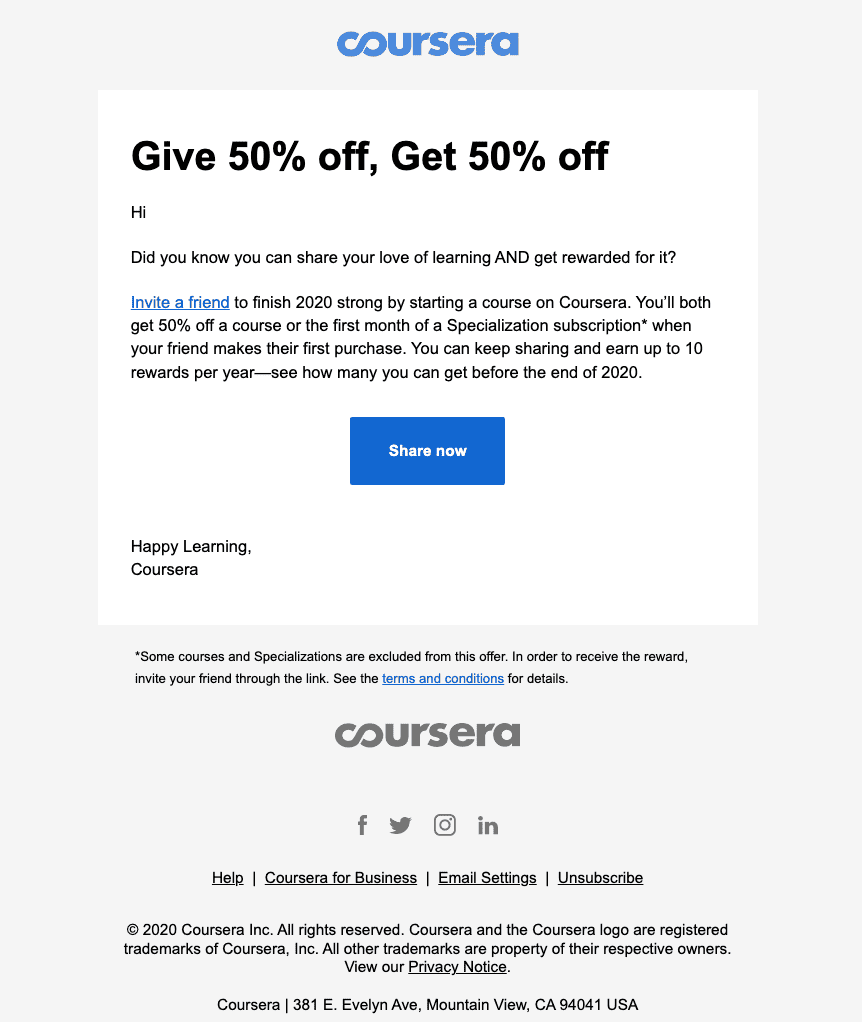 Referral email example for eCommerce