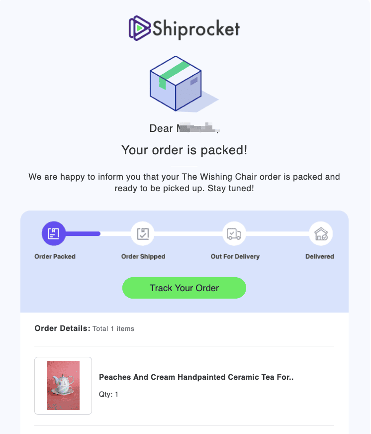 Shiprocket shipping confirmation email example for eCommerce