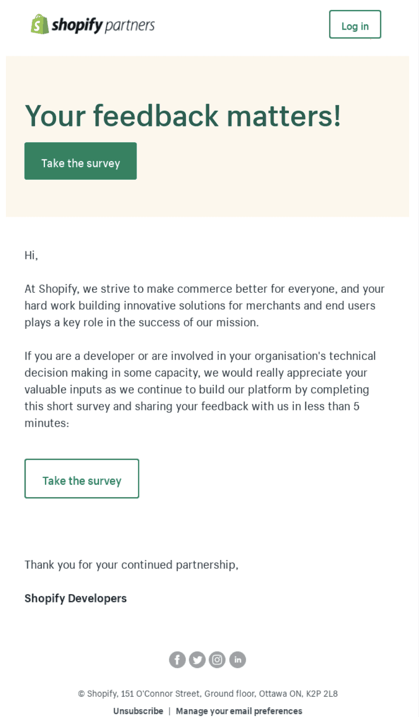 Shopify survey email example for eCommerce