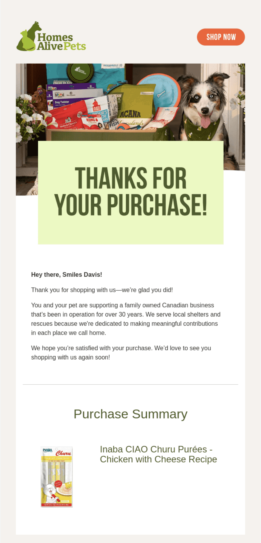 Thank you email example for eCommerce