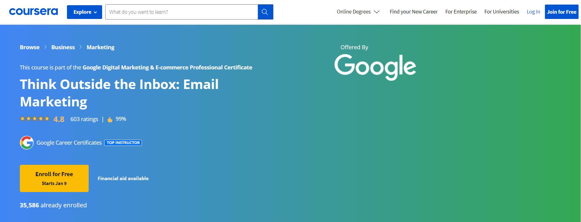 screenshot of Google email course on Coursera