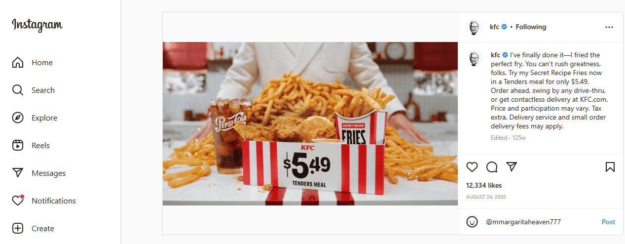 Social media marketing by KFC on Instagram (screenshot)