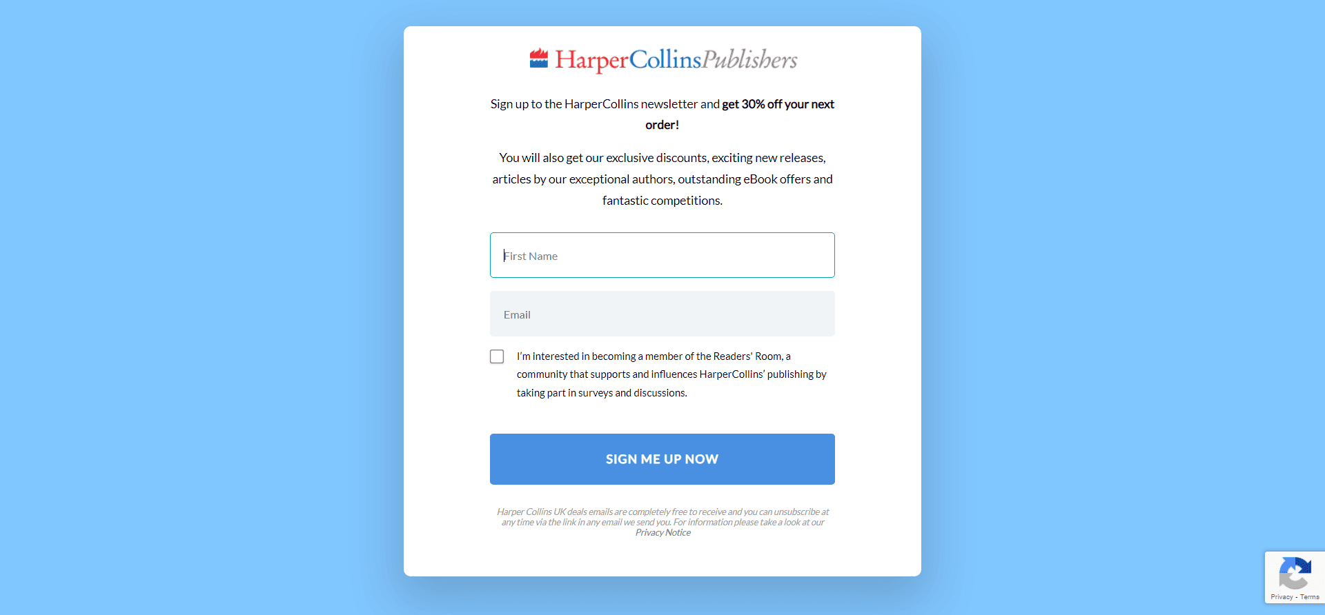Newsletter Sign up form by HarperCollins