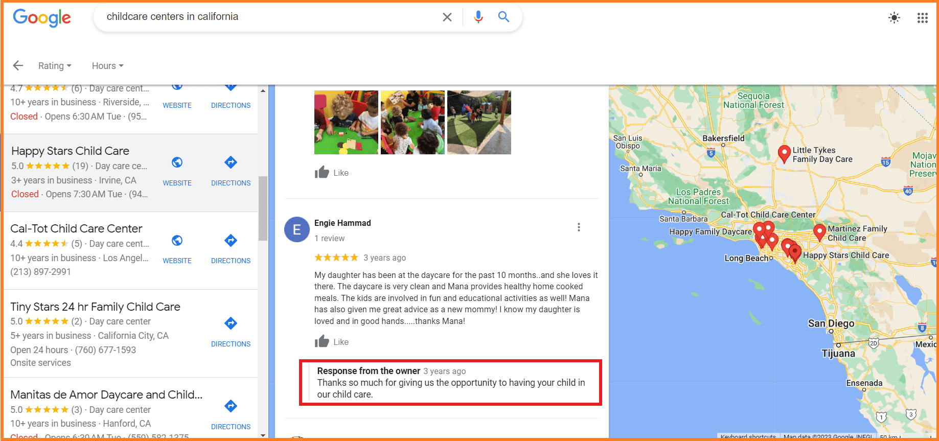 Google reviews for childcare centers_california
