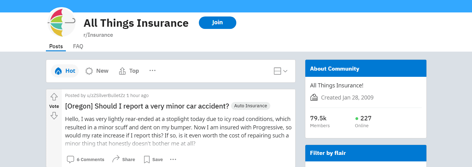 Insurance forum on Reddit