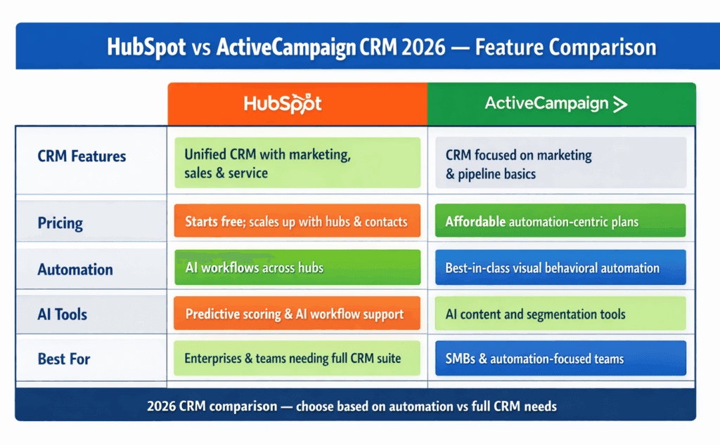 2026 HubSpot vs ActiveCampaign CRM comparison table highlighting features, pricing, automation, and AI.