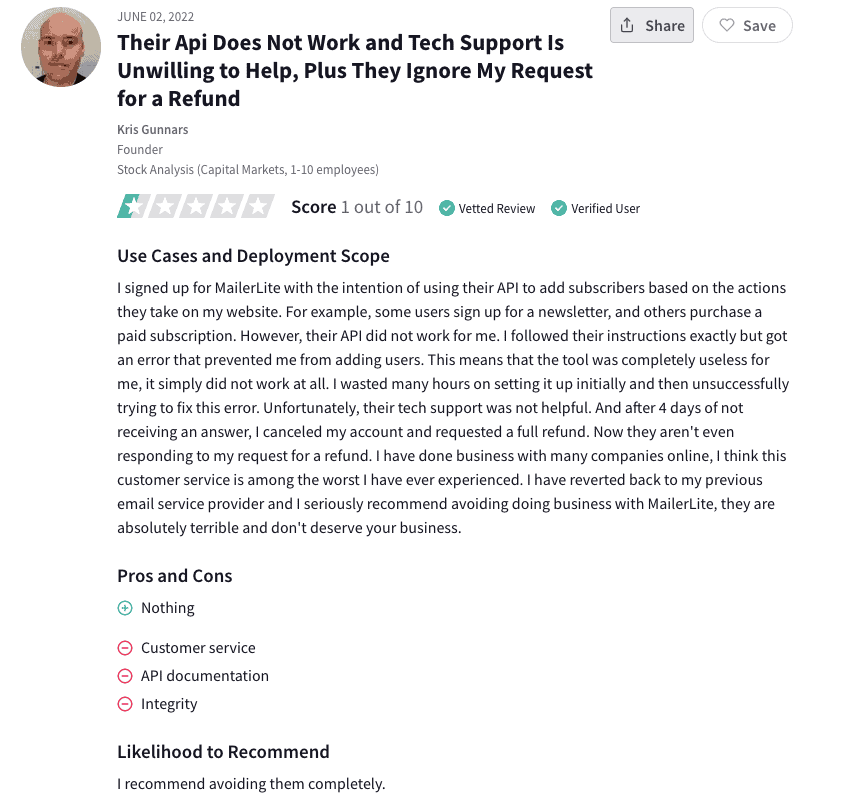 User review for MailerLite from Trust Radius