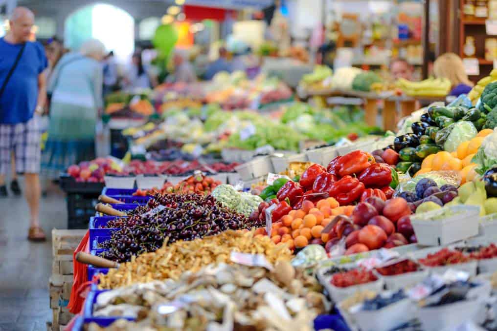 Farmers market idea: Fruits and vegetables being sold at a local flea market 