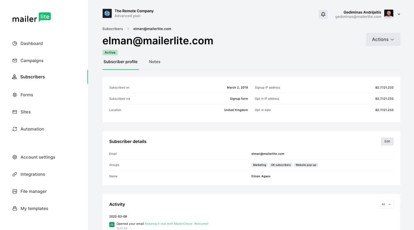 MailerLite contact management and segmentation dashboard