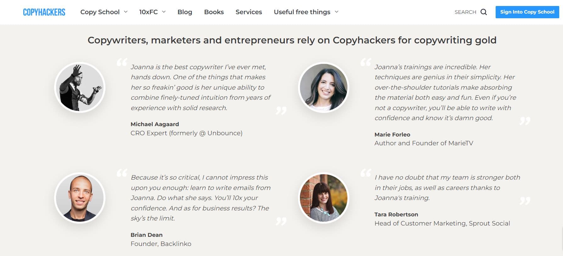 Copyhackers testimonial advertising example