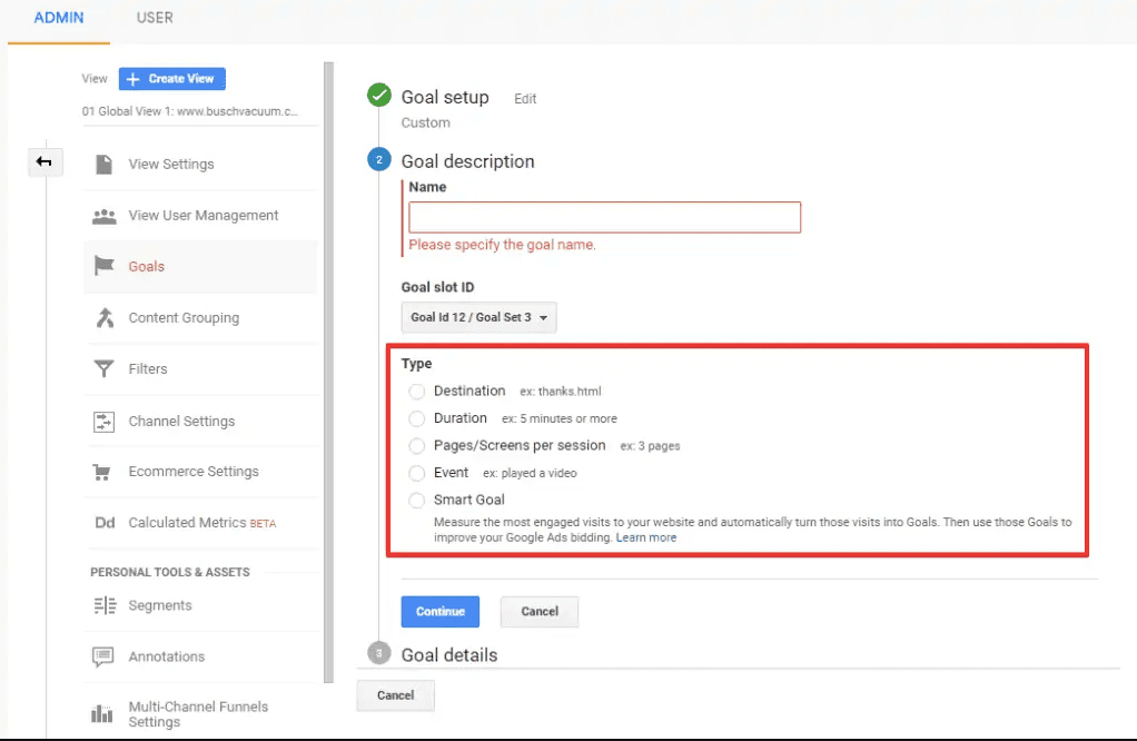 set goals on Google Analytics