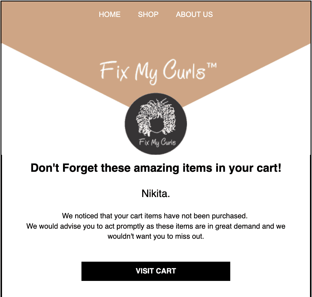 Cart abandonment email example