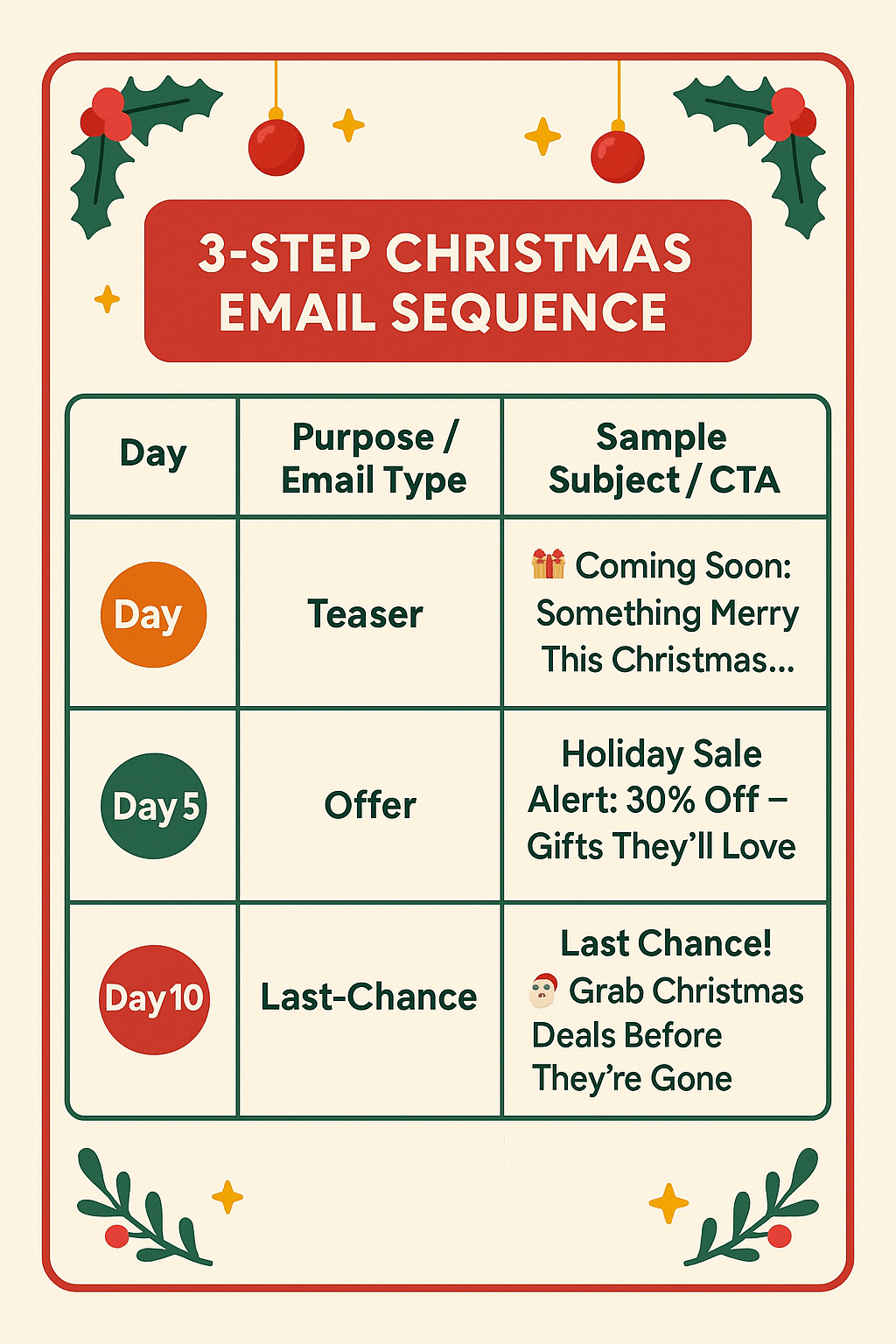 Three step Christmas email sequence: Teaser, Offer, Last chance with suggested send days and example subject lines.