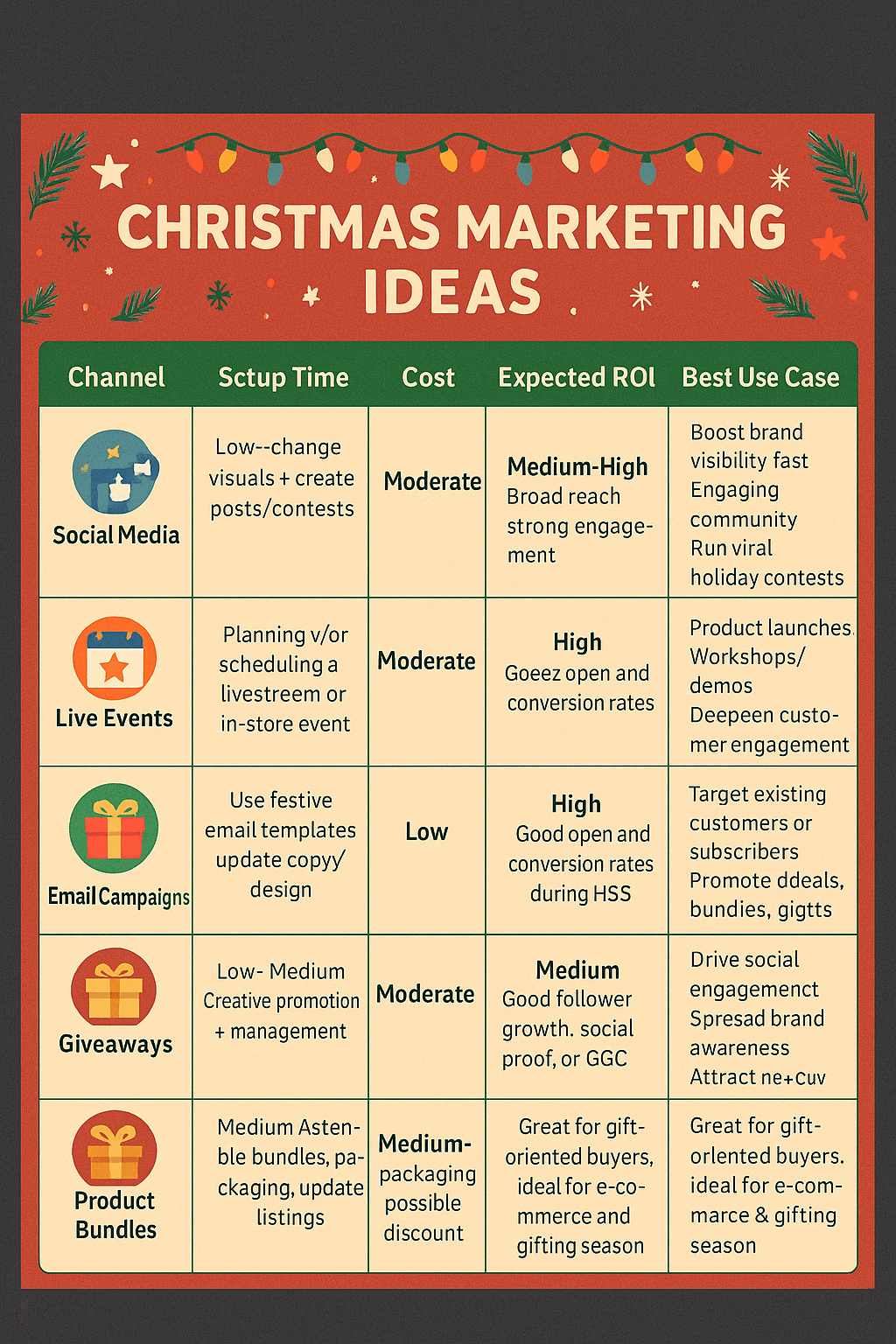 Comparison table of Christmas marketing channels: email, social, in-store, influencer and paid ads showing cost, setup time and best use case.
