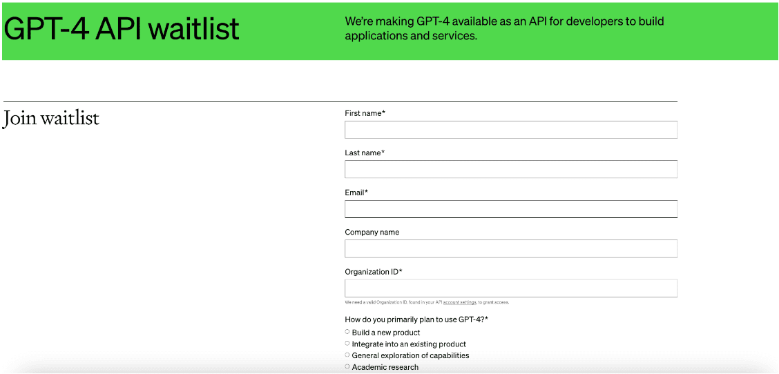 OpenAI GPT-4 API waitlist page