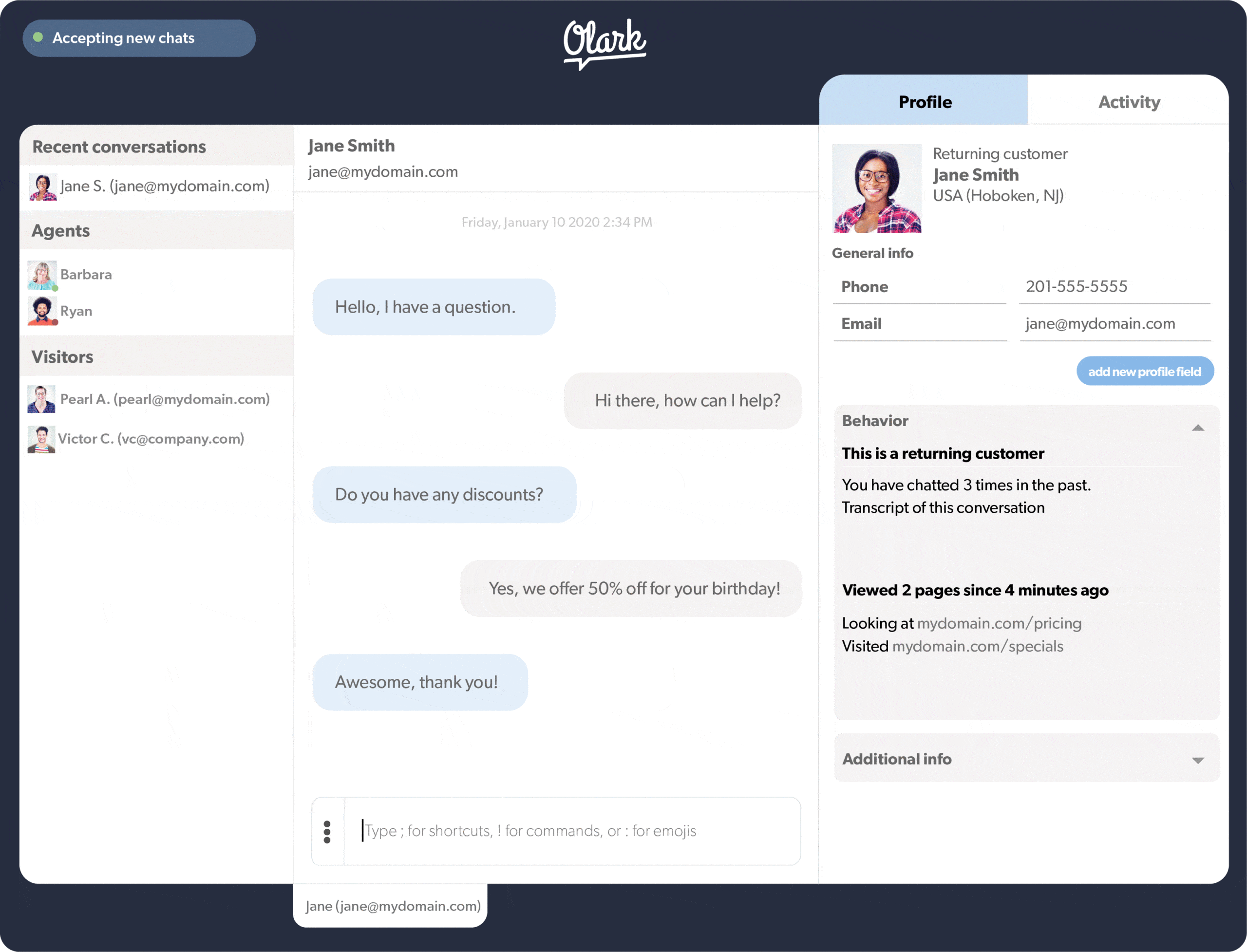 Olark chat dashboard example