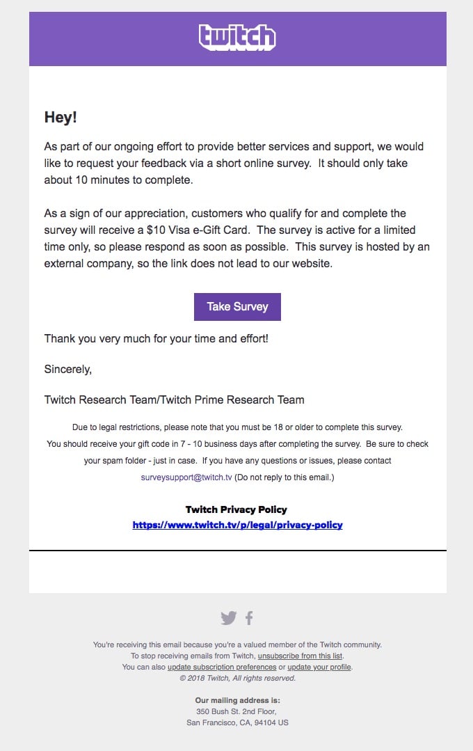 email marketing automation from Twitch