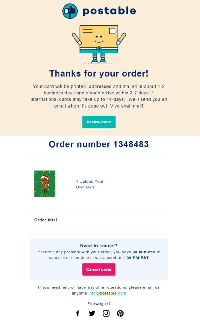 Order confirmation email example from Postable (screenshot)