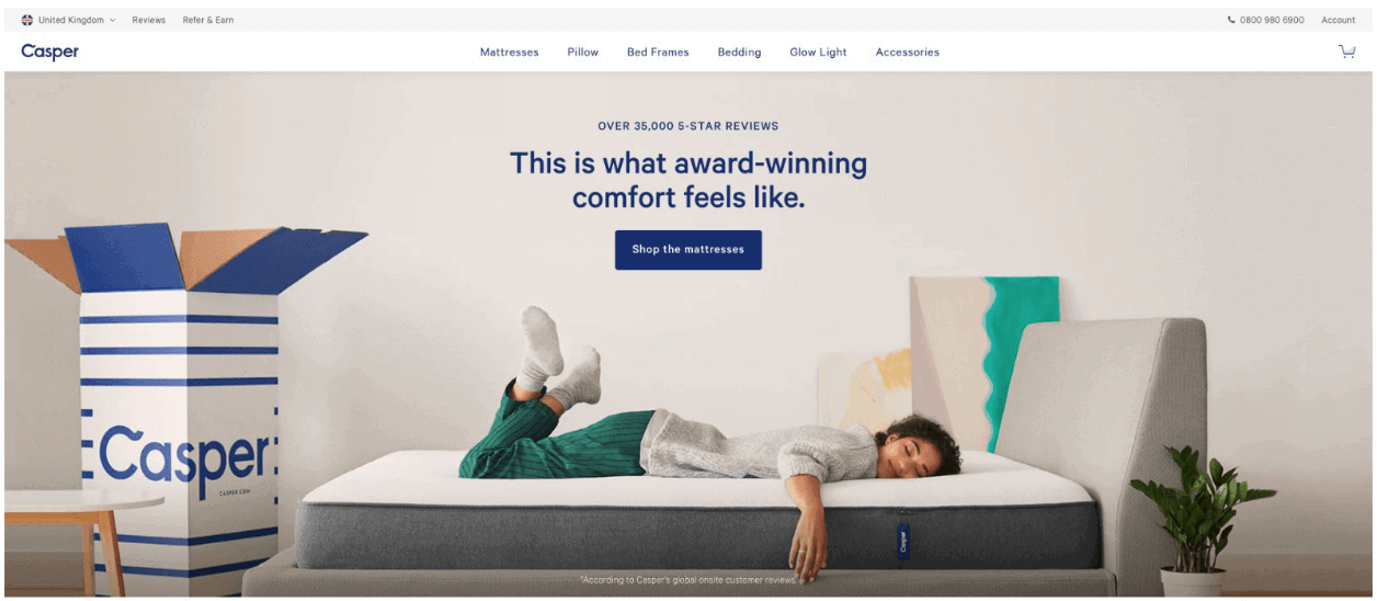Casper - solid landing page with an appropriate image example