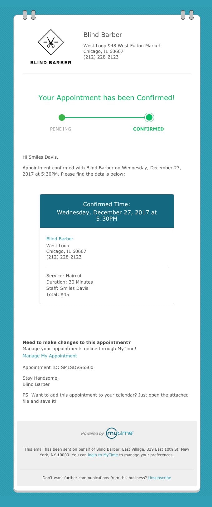 Appointment Confirmation email example by Blind Barber