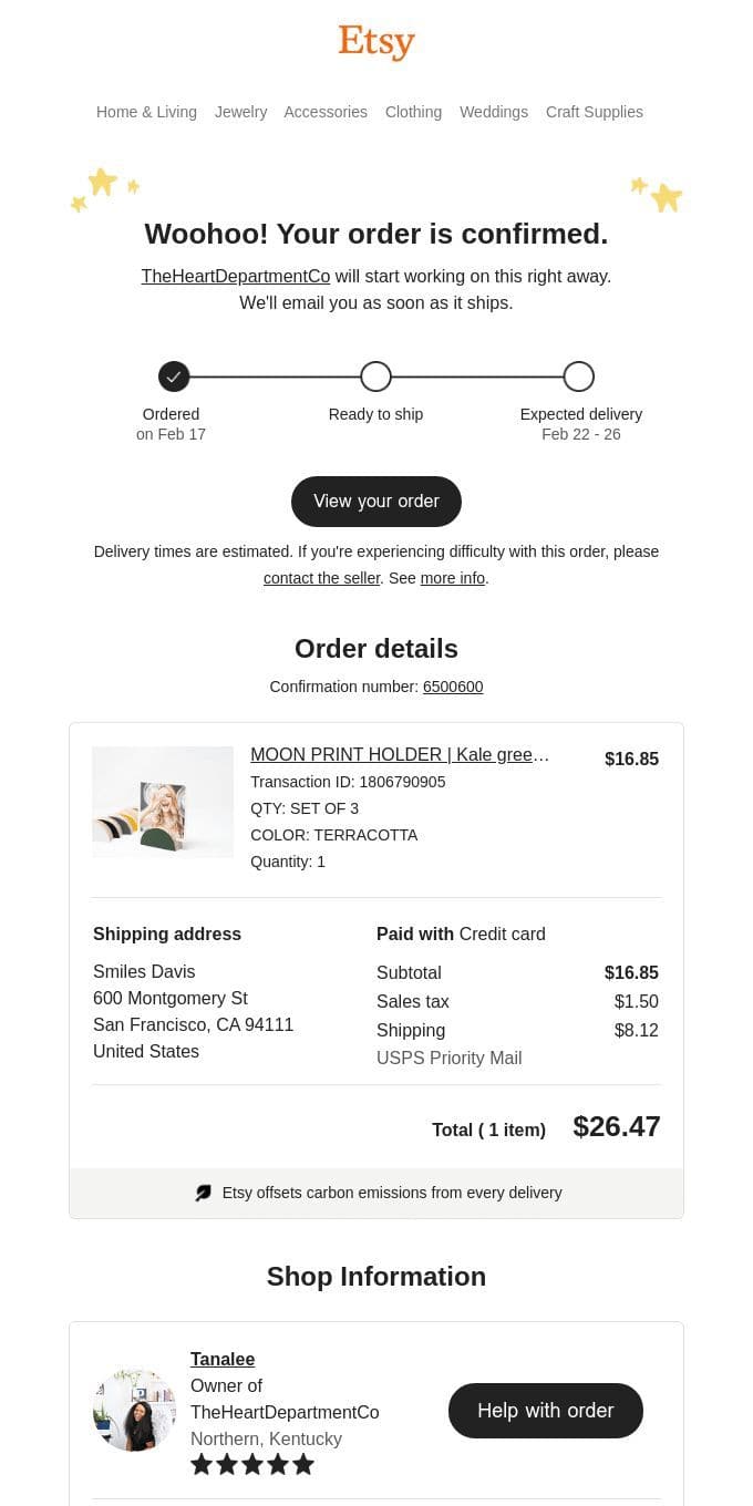 Order Confirmation email example from Etsy (screenshot)