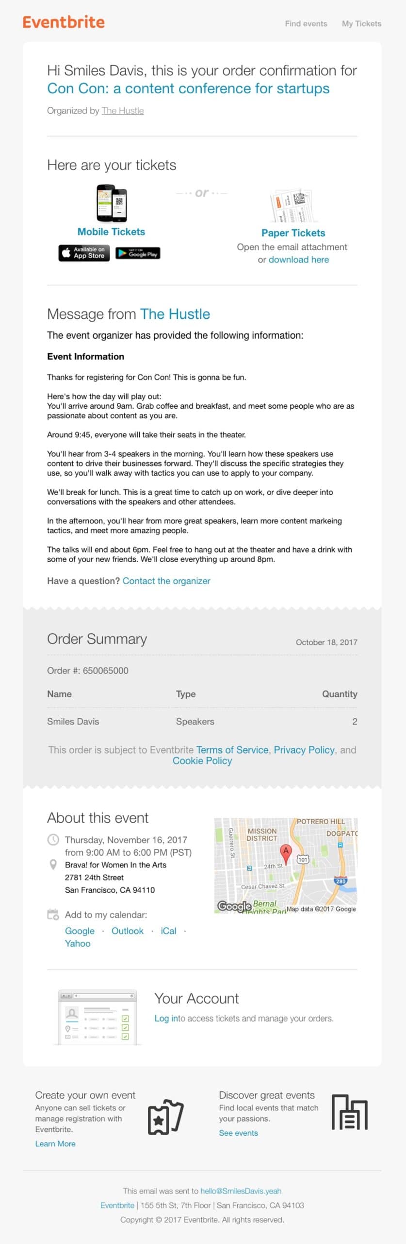 Event confirmation email example by EventBrite