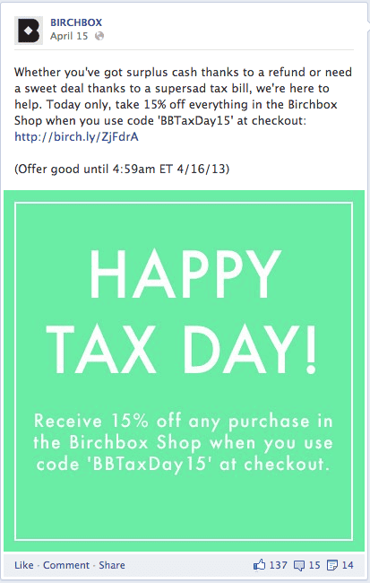 Birchbox Facebook post on Tax Day