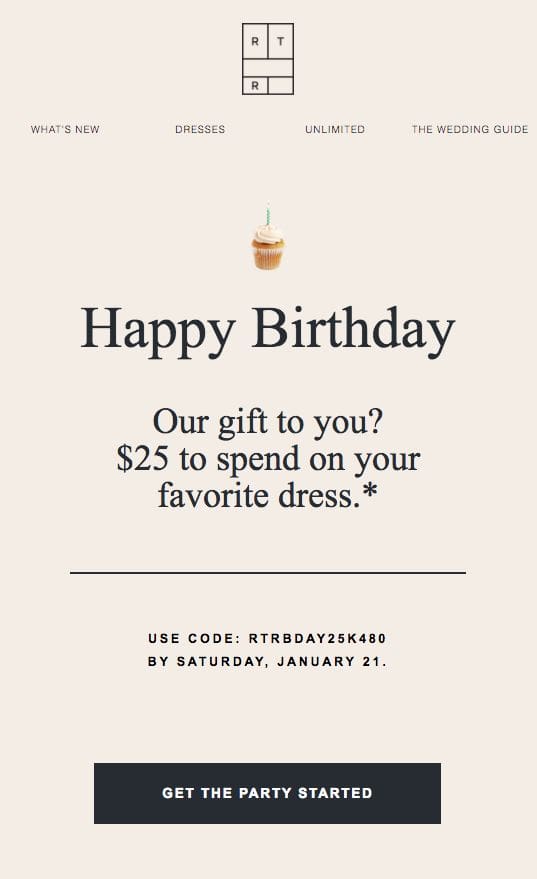 Rent The Runway offers a good example of win-back email marketing with personalized birthday offer