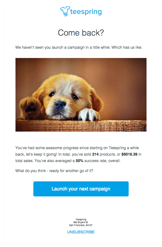 In Teespring’s heartwarming win-back email example, a cute pet with a sad expression creates an emotional appeal.