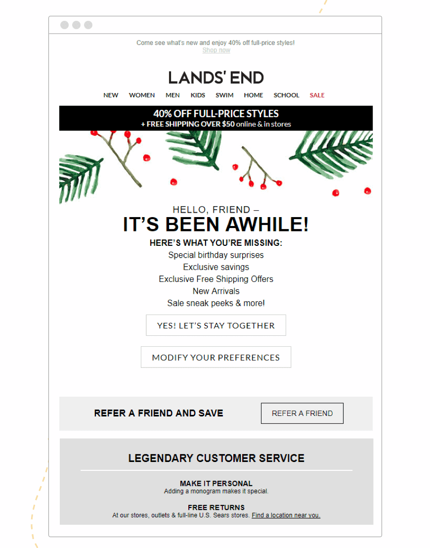 Land’s End entices users to return with a 40% discount plus free shipping