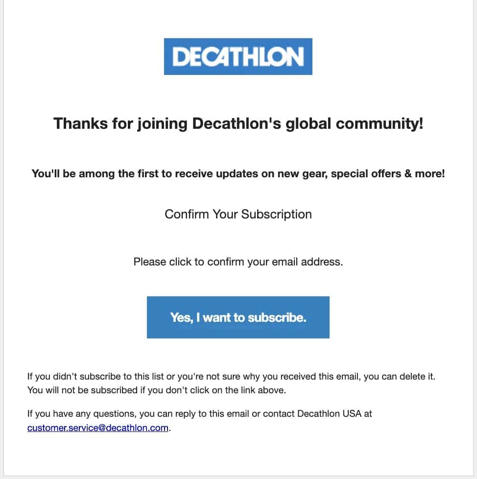 Subscription confirmation email example by Decathlon