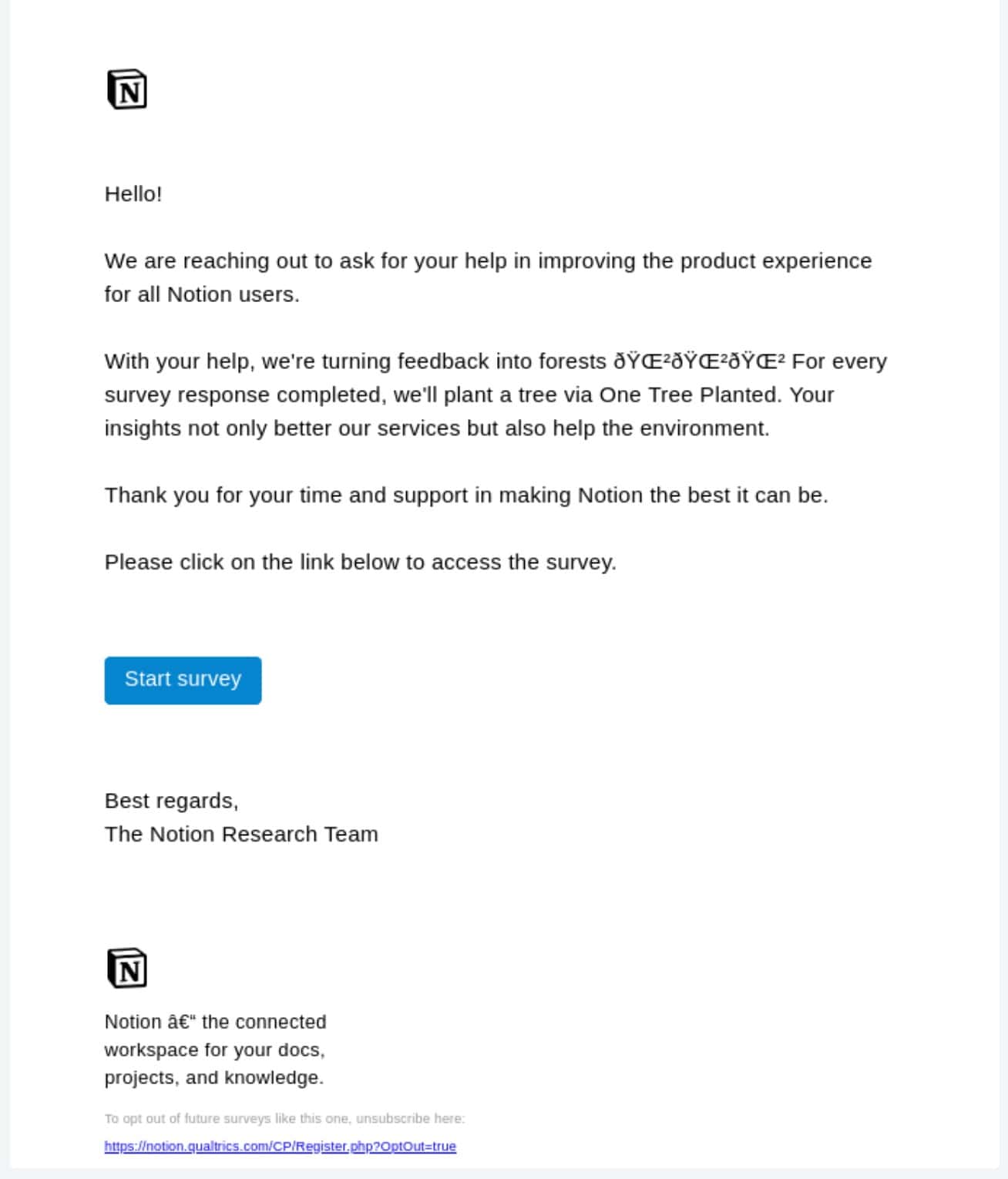 Customer feedback email example by Notion
