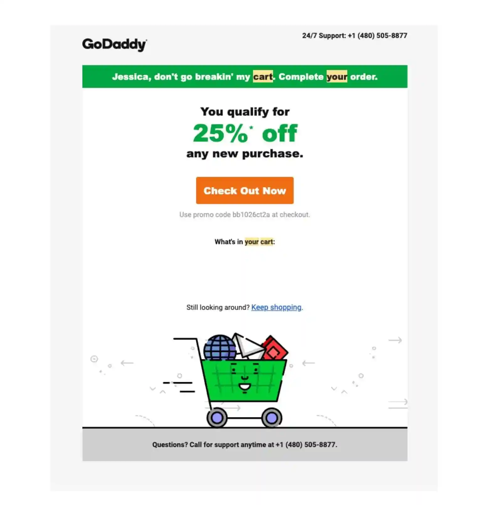 Cart abandonment email example with discount by GoDaddy