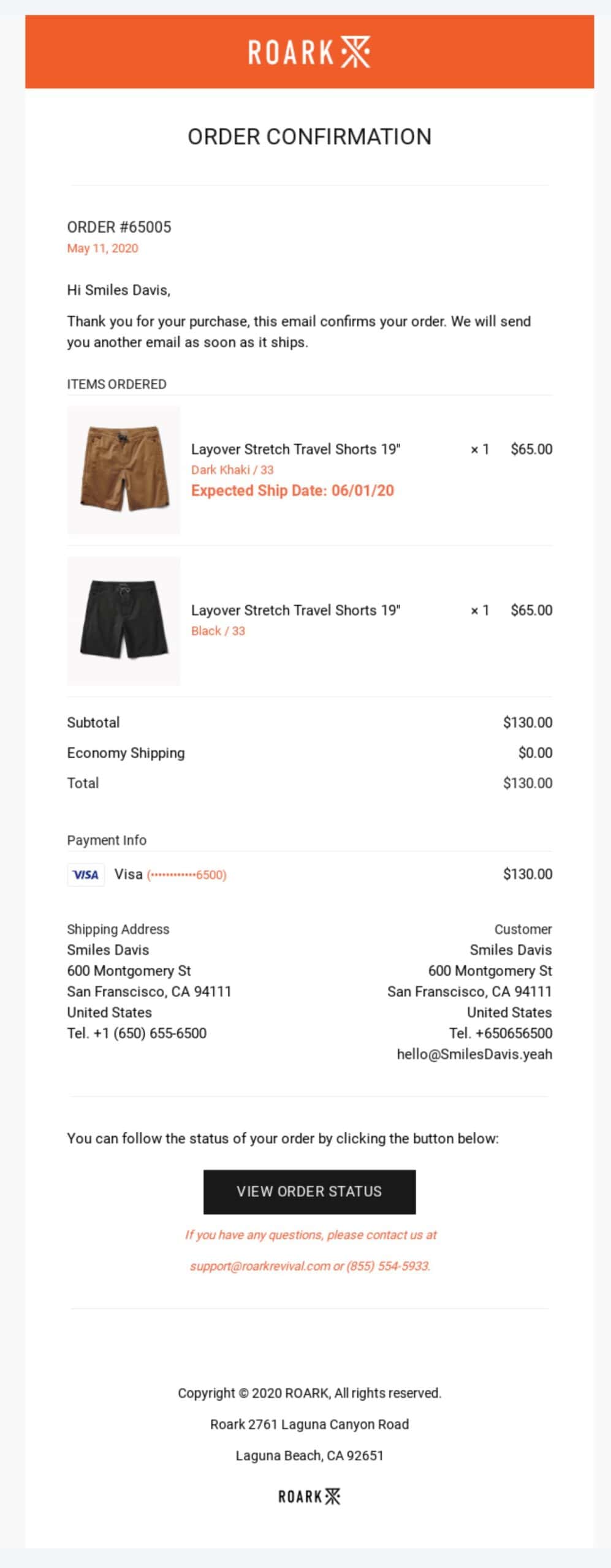 Order confirmation email example by Roark