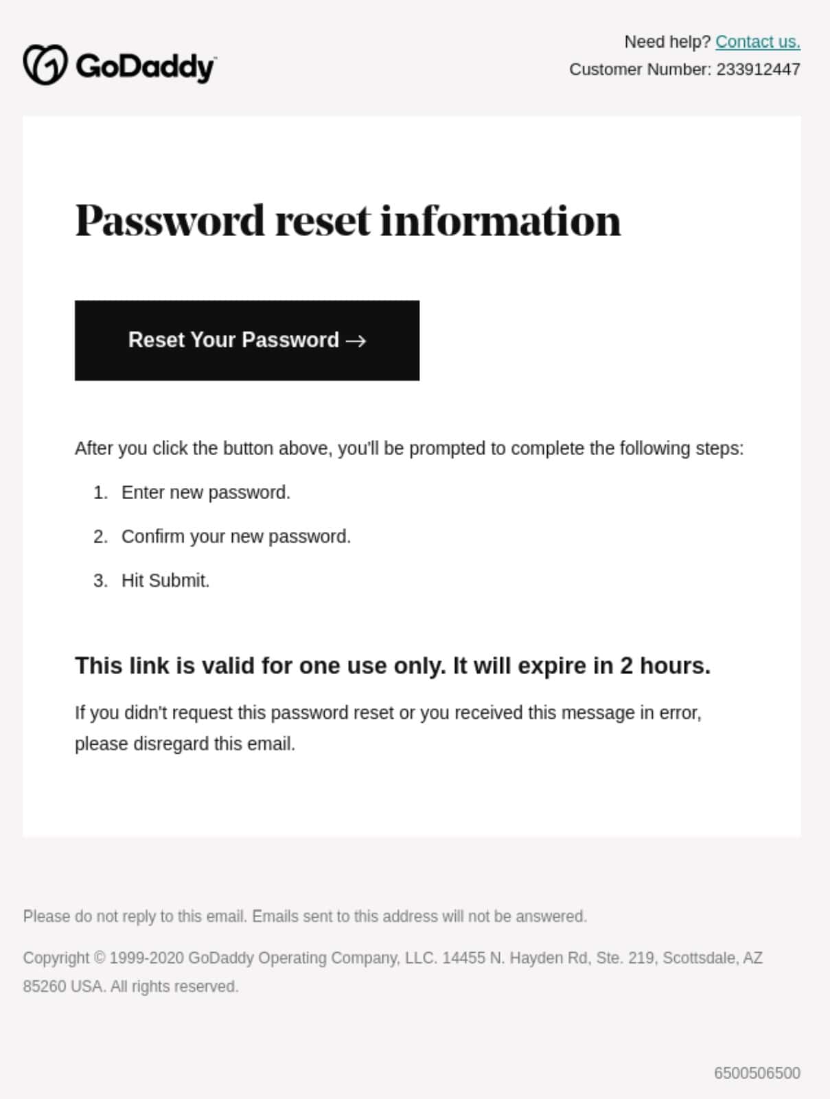 Password reset email example by GoDaddy