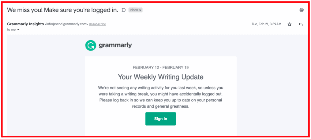 Miss you email reminder by Grammarly