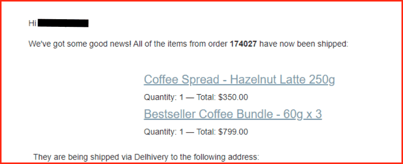 shipping confirmation email from country bean