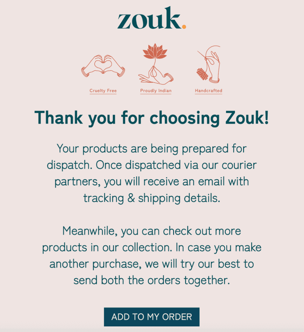 Order confirmation email example from Zouk