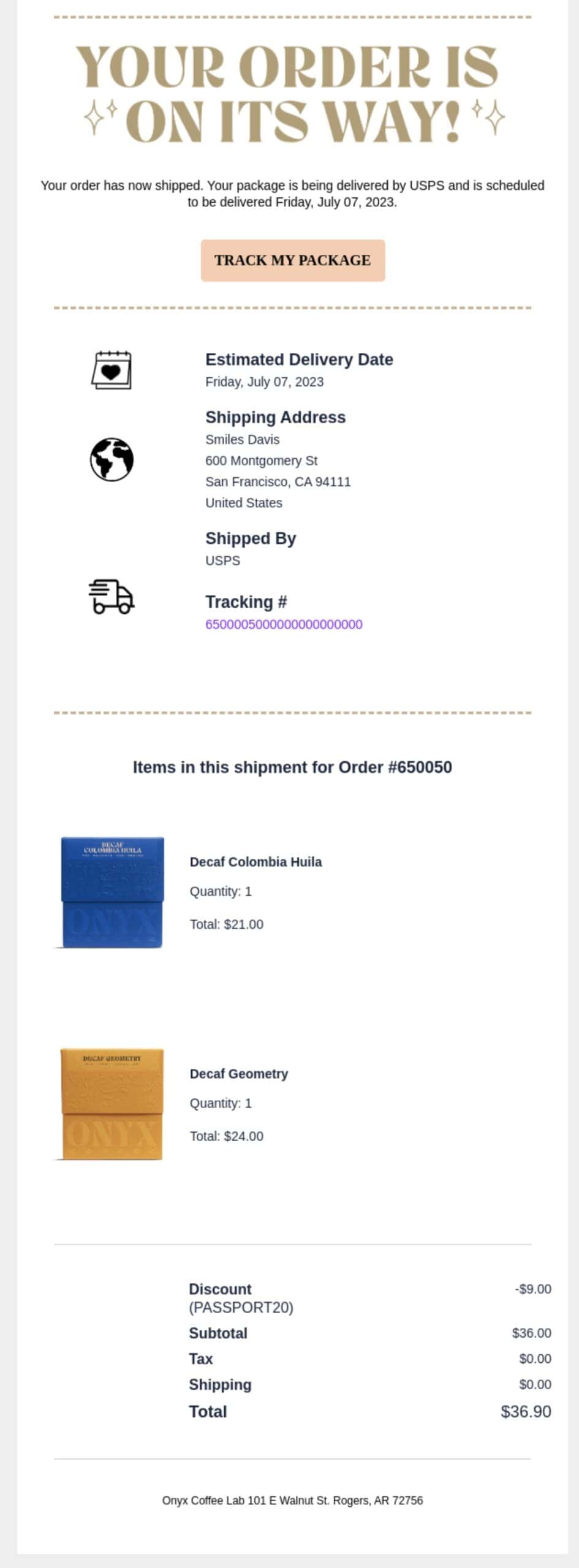 Shipping information email example by Onyx Coffee Lab