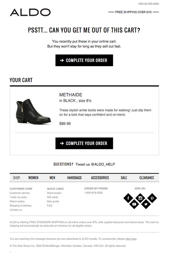 eCommerce abandoned Cart email example by Aldo