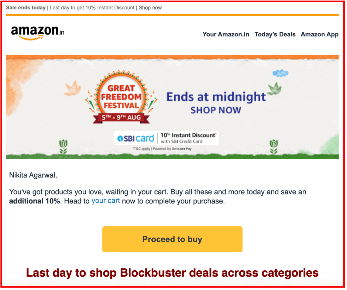 example of ecommerce cart abandonment email from Amazon India