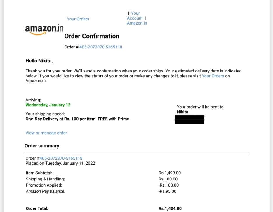 Amazon ecommerce Order confirmation email 