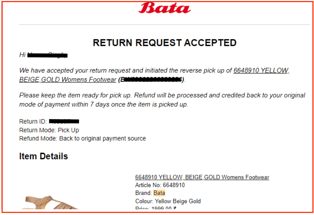 Bata return request confirmation email 