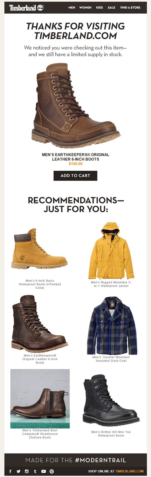browse abandonment email personalization example by Timberland eCommerce brand