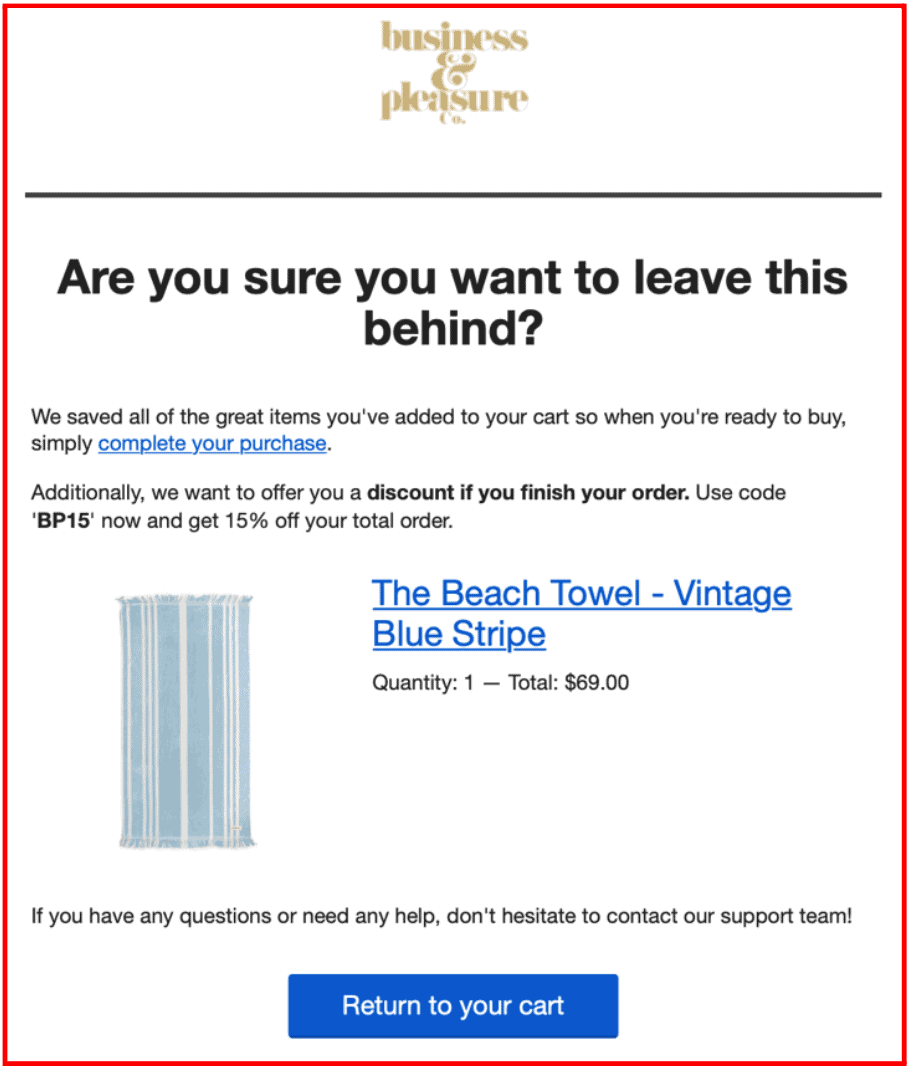 abandoned card email by Business and Pleasure Co.